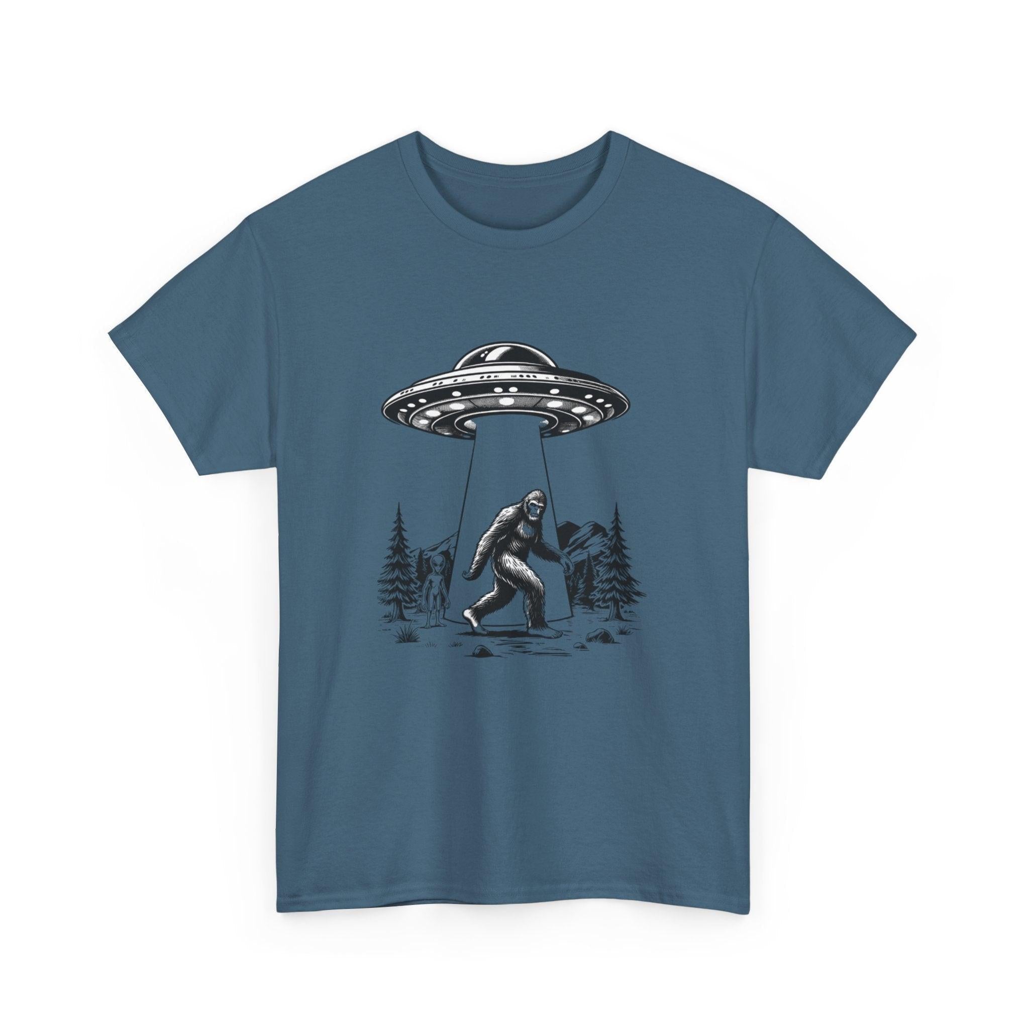 Alien and Big Foot Unisex T-shirt, Sci-Fi Graphic Tee, UFO Lover Shirt, Mythical Creature Top, Extraterrestrial Apparel