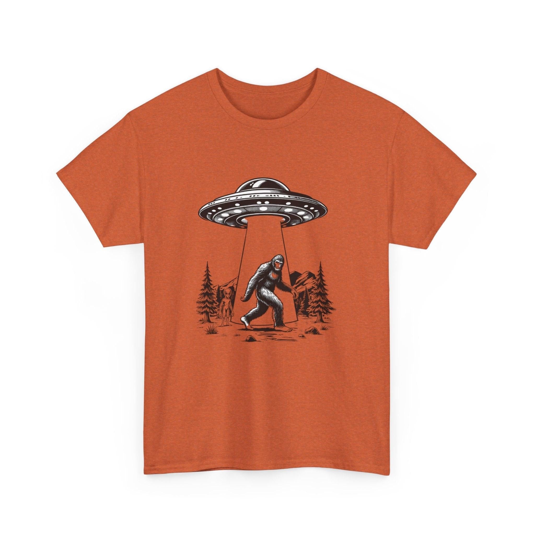 Alien and Big Foot Unisex T-shirt, Sci-Fi Graphic Tee, UFO Lover Shirt, Mythical Creature Top, Extraterrestrial Apparel