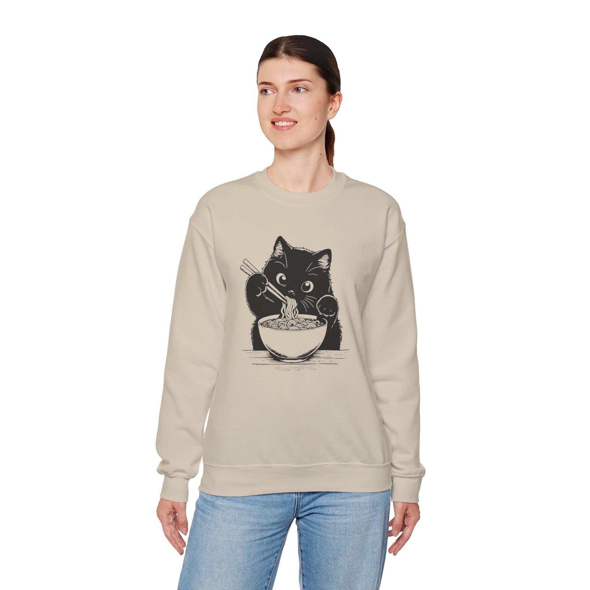 Cute Cat Eating Ramen Sweatshirt, Funny Cat Lover Gift, Cozy Jumper, Kawaii Pullover, Cat Lady Sweatshirt, Japanese Noodle Lover