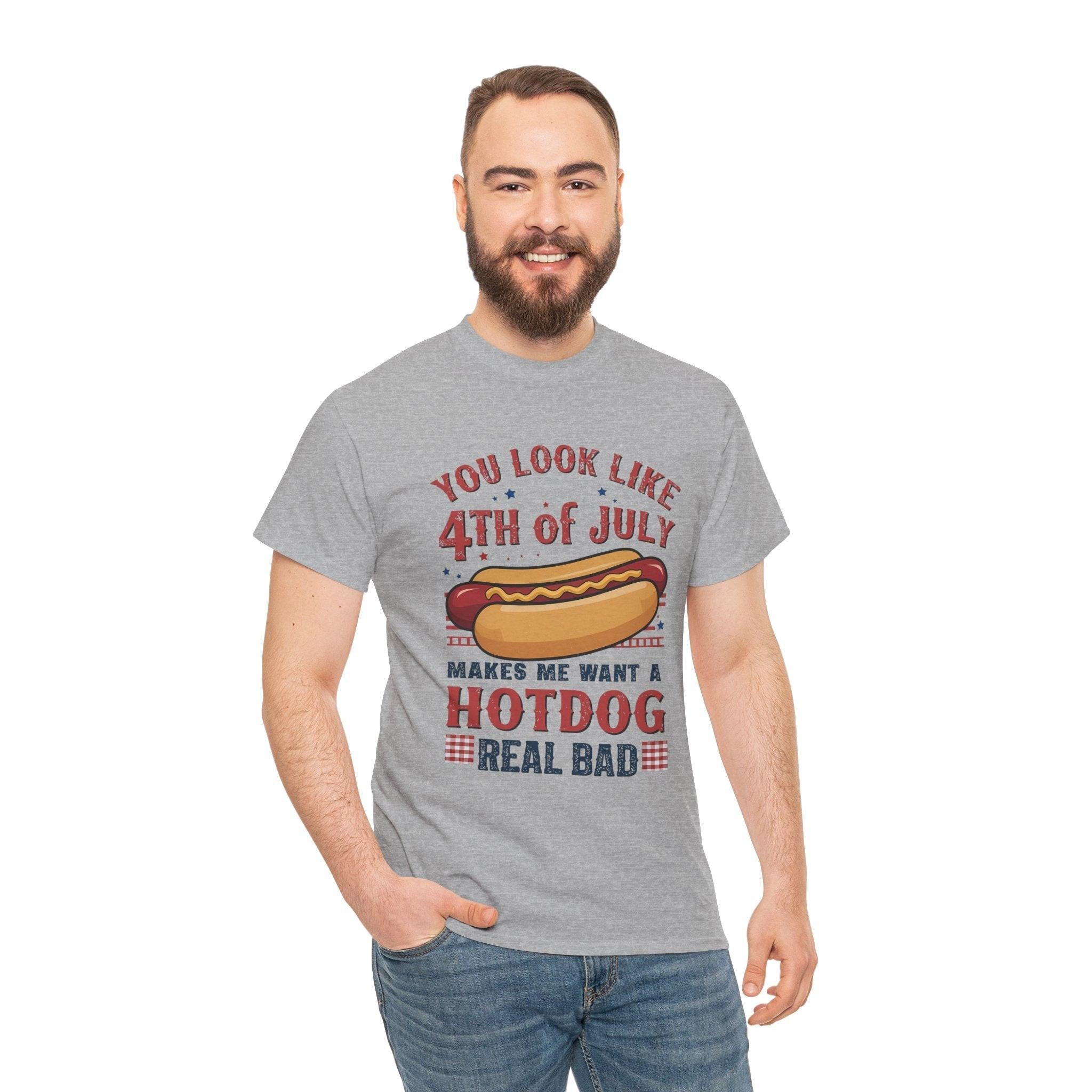 American Flag 4th of July Hotdog Unisex Heavy Cotton Tee - Patriotic Independence Day Shirt, BBQ Graphic Tshirt, USA July Fourth Apparel,