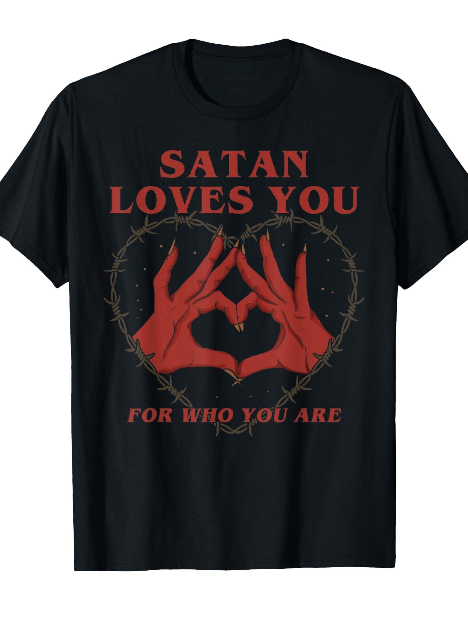 Satan Loves You For Who You Are Halloween Vintage T-shirt You May Ask Yourself 220gsm Cotton Round Neck Short Sleeve Casual Henley Shirt Men T-shirt
