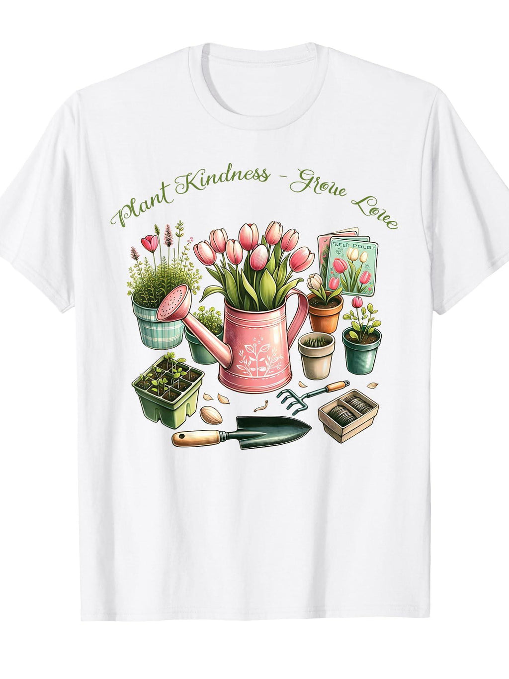 Plant Kindness Grow Love Gardening Spring-themed Positive T-shirt Garden 220gsm Cotton Round Neck Short Sleeve Casual Henley Shirt Men T-shirt