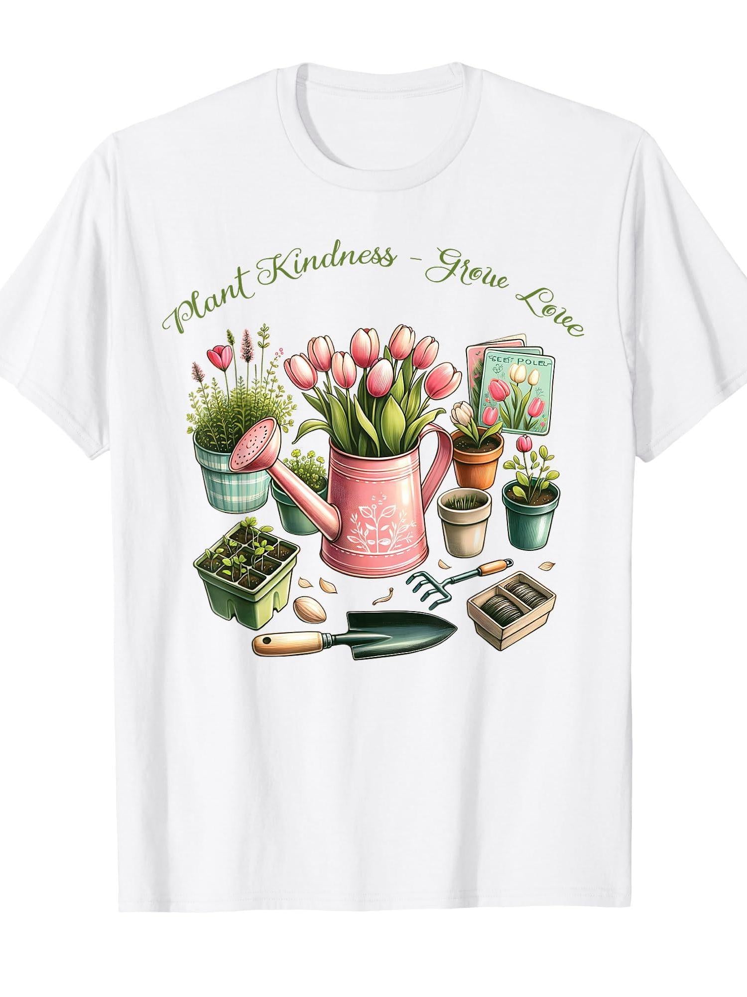 Plant Kindness Grow Love Gardening Spring-themed Positive T-shirt Garden 220gsm Cotton Round Neck Short Sleeve Casual Henley Shirt Men T-shirt