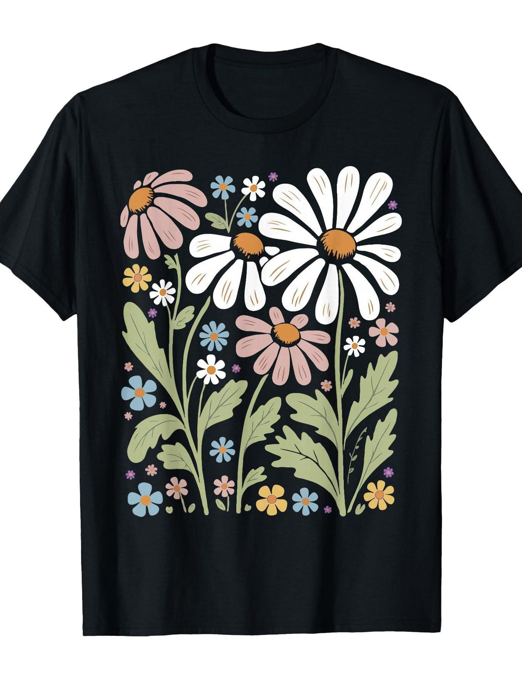 Retro Wildflowers Flowers Pattern Summer Spring Boho Vintage T-shirt Garden 220gsm Cotton Round Neck Short Sleeve Casual Henley Shirt Men T-shirt