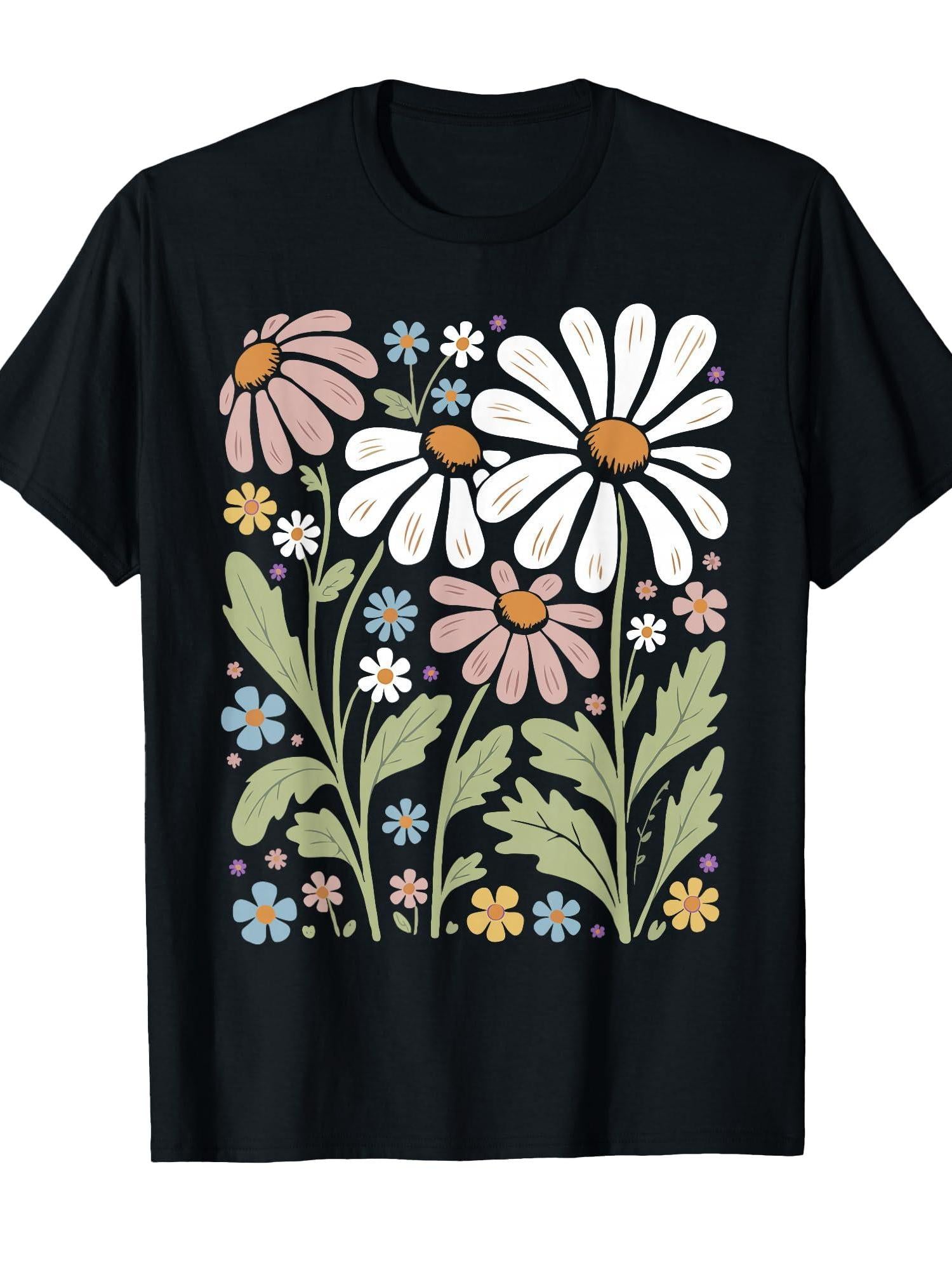 Retro Wildflowers Flowers Pattern Summer Spring Boho Vintage T-shirt Garden 220gsm Cotton Round Neck Short Sleeve Casual Henley Shirt Men T-shirt