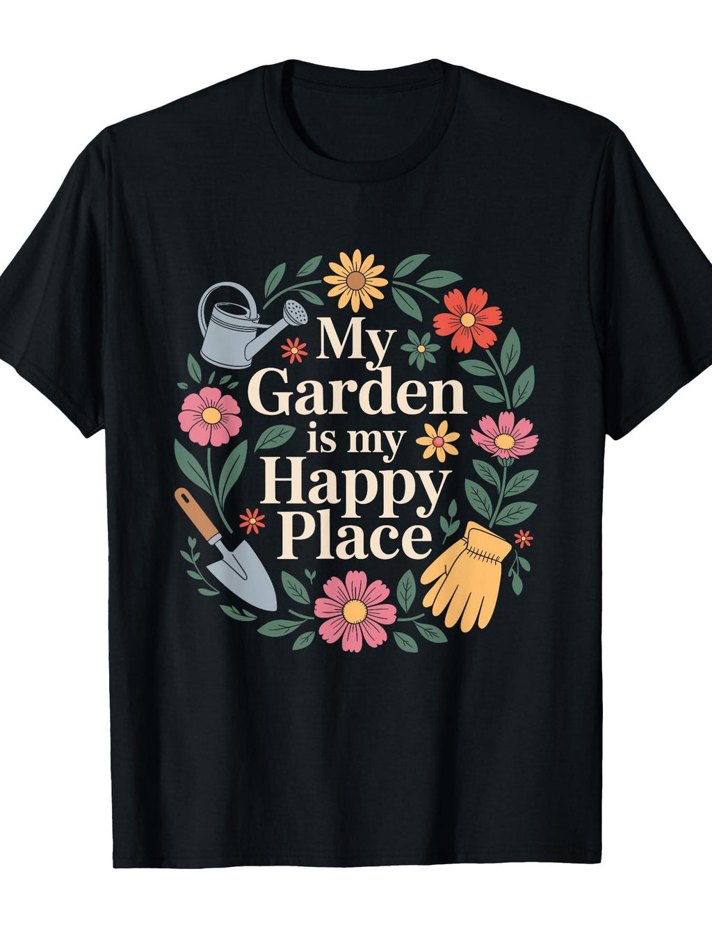 My Garden Is My Happy Place Shirt - Cute Floral Gardening T-shirt Garden 220gsm Cotton Round Neck Short Sleeve Casual Henley Shirt Men T-shirt