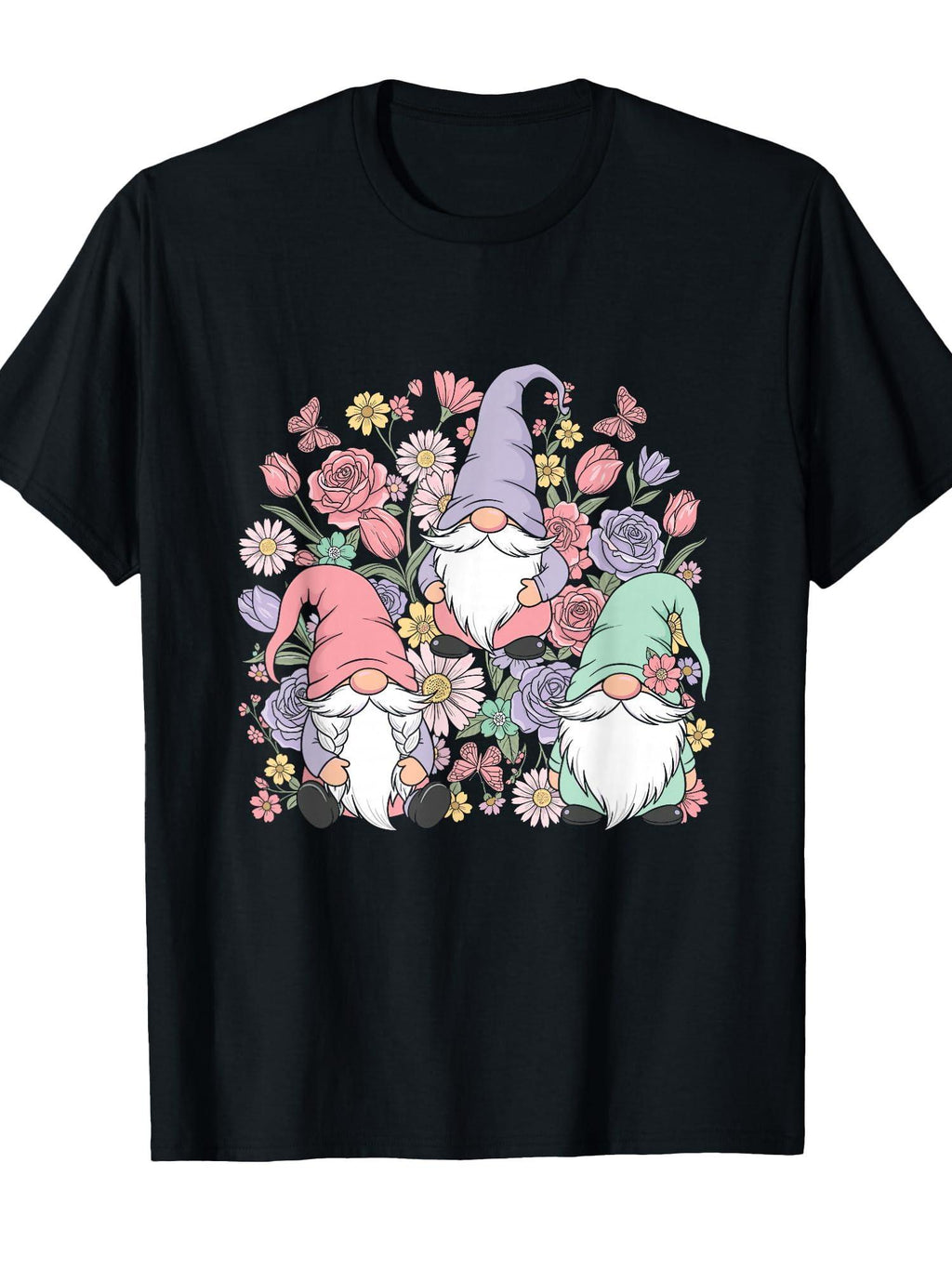 Cute Pastel Gnome Trio With Flowers Garden Lovers Christmas T-shirt Garden 220gsm Cotton Round Neck Short Sleeve Casual Henley Shirt Men T-shirt