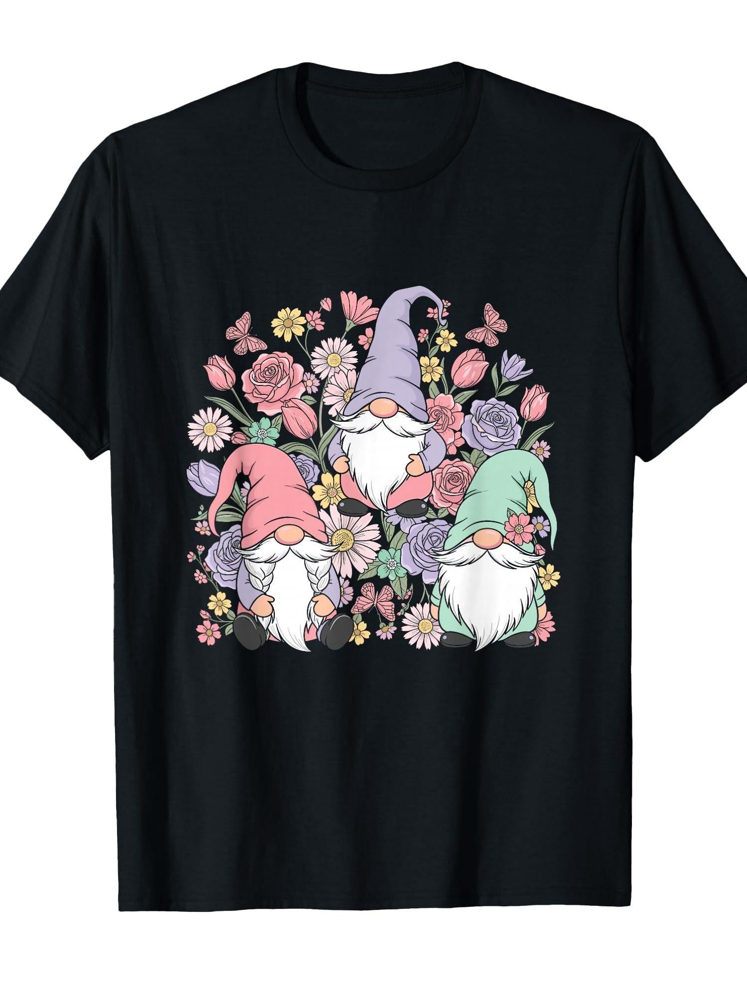 Cute Pastel Gnome Trio With Flowers Garden Lovers Christmas T-shirt Garden 220gsm Cotton Round Neck Short Sleeve Casual Henley Shirt Men T-shirt