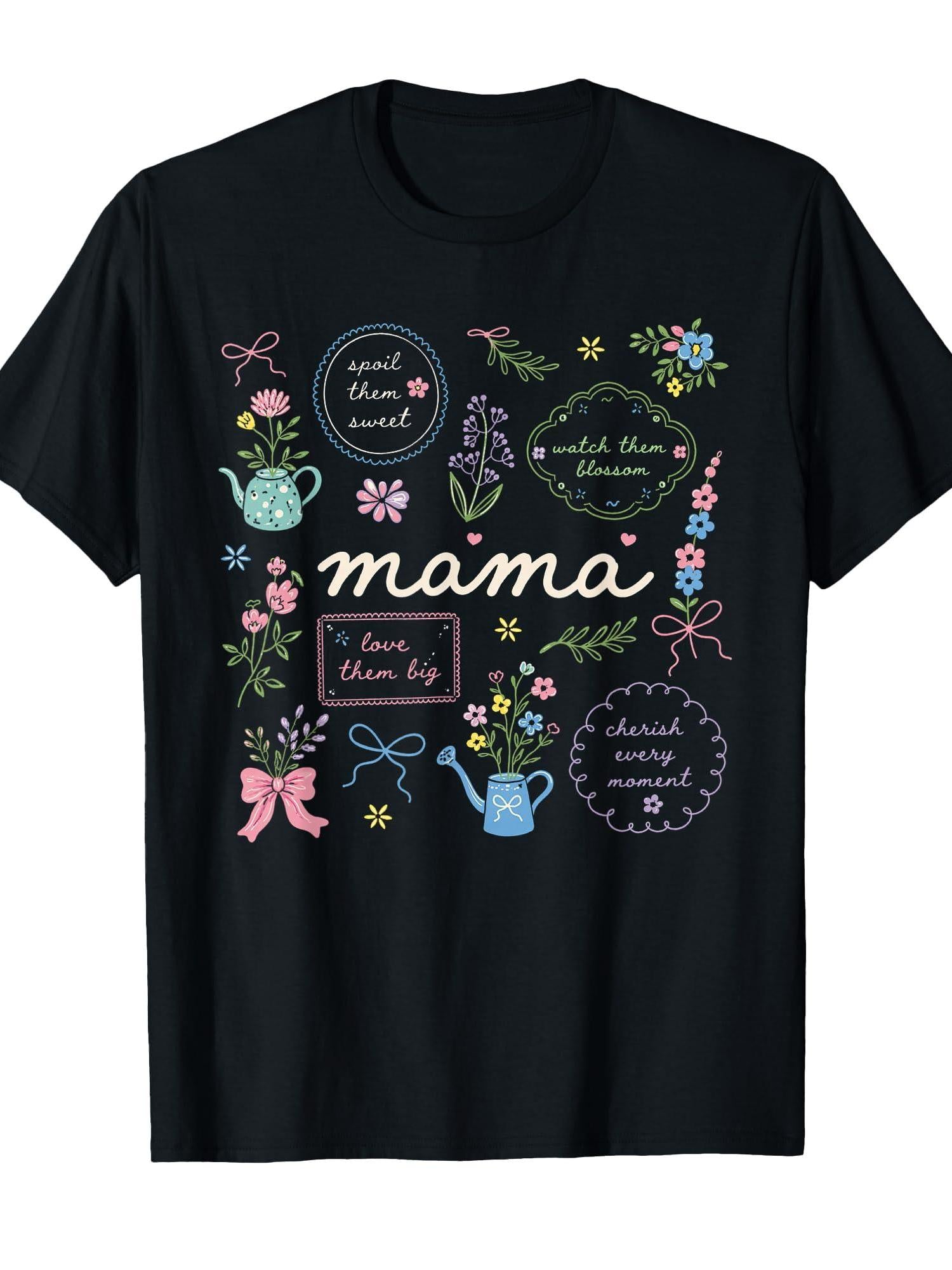 Mama Floral Garden Cottagecore Word Art T-shirt Garden 220gsm Cotton Round Neck Short Sleeve Casual Henley Shirt Men T-shirt