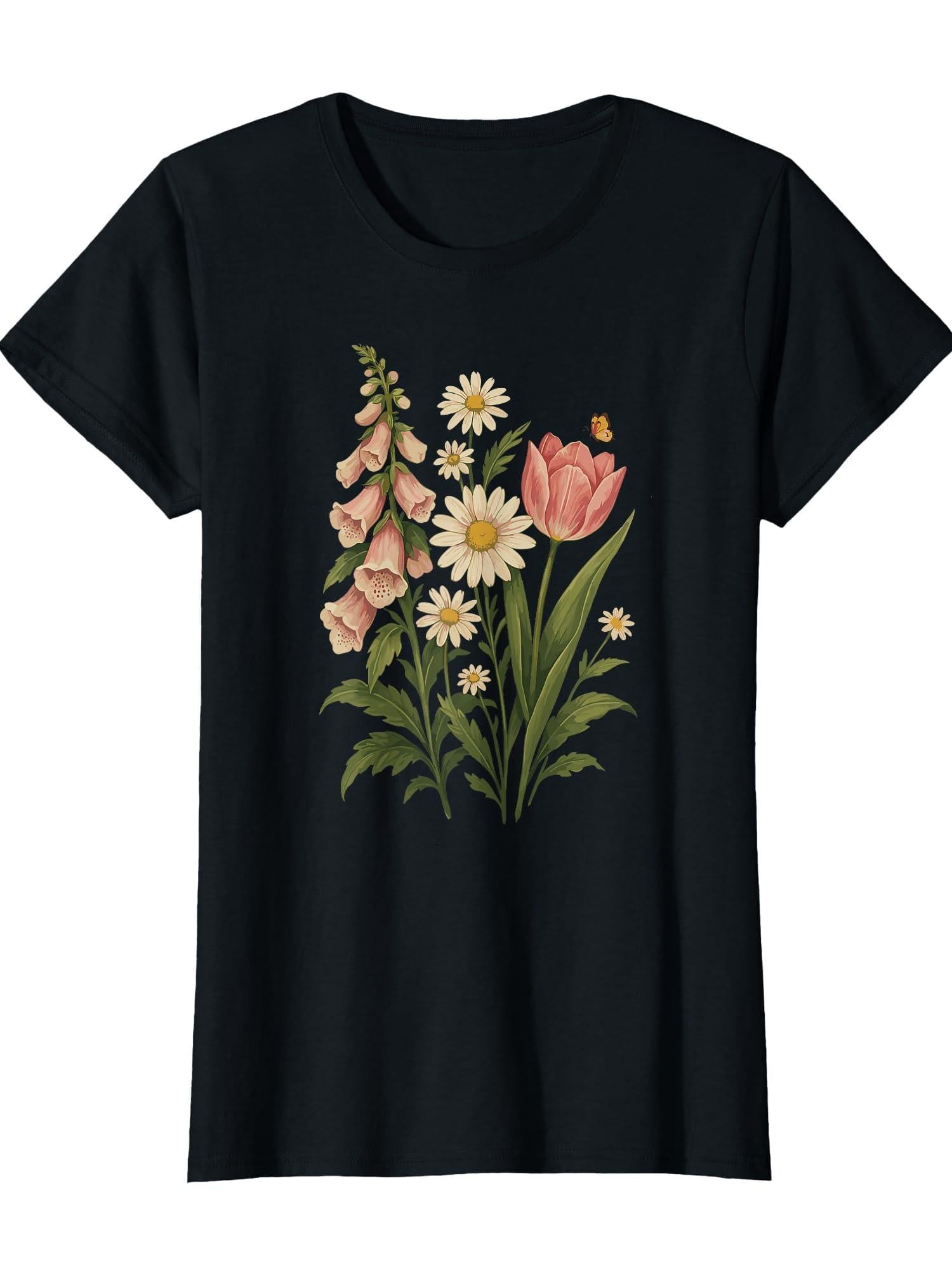 Botanical Flowers Daisies Tulip Foxglove Butterfly Garden T-shirt Garden 220gsm Cotton Round Neck Short Sleeve Casual Henley Shirt Men T-shirt