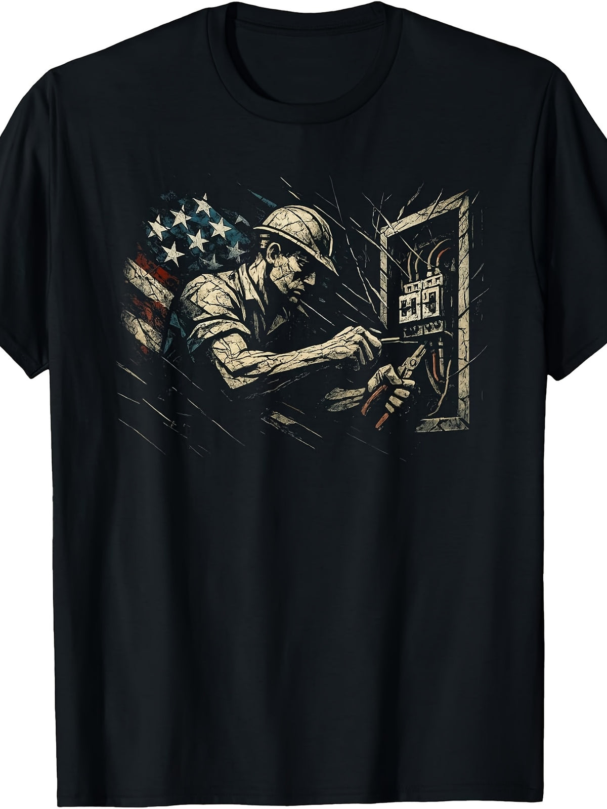 Men'S And Women'S T-Shirt, Vintage American Flag Electrician Working on Circuit Breaker Box Graphic, Summer Casual Wear