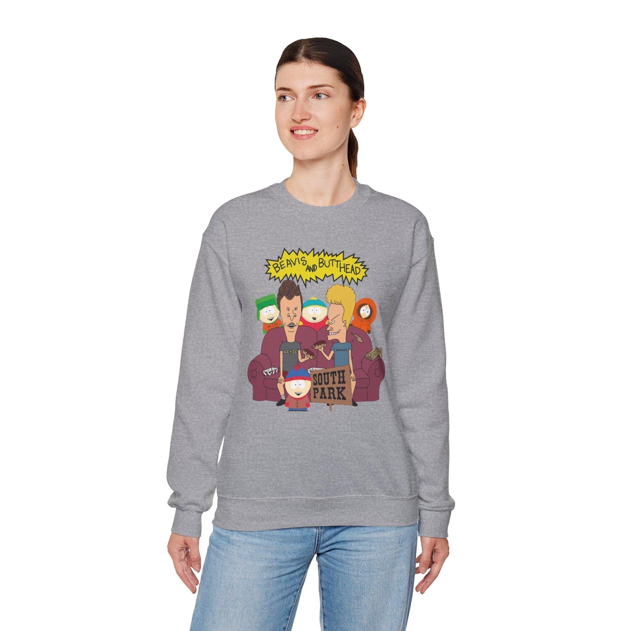 TV Show Mashup Unisex Sweatshirt, Beavis and Butthead meets South Park, Funny Cartoon Crewneck Jumper, Pop Culture Pullover, Retro 90s