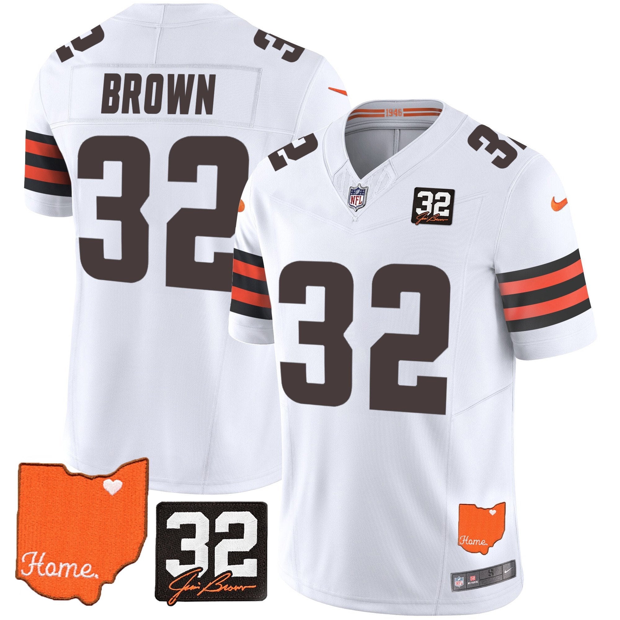 Jim Brown Cleveland Browns #32 Jim Brown Memorial & Home Patch Jersey ��� All Stitched