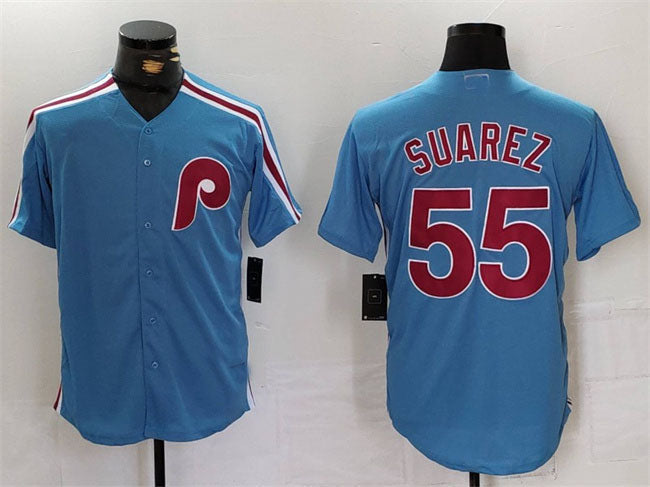 Philadelphia Phillies #55 Ranger Su����rez Blue Cool Base Stitched Baseball Jersey
