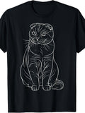 Retro Scottish Fold Cat T-Shirt - Vintage Suitable for - Fit Round Neck Tee with Scottish Fold Cat Print, Machine Washable Casual Wear for Cat Lovers Gift, Apparel